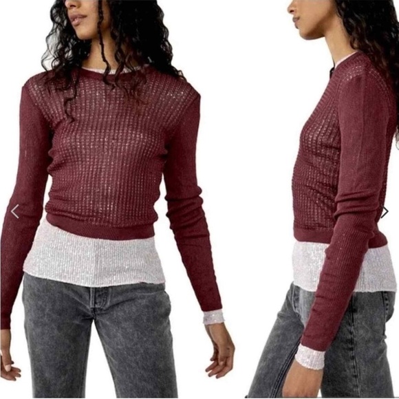 Free People H20 Crew Pullover Top Sweater Garnet L - Picture 1 of 4